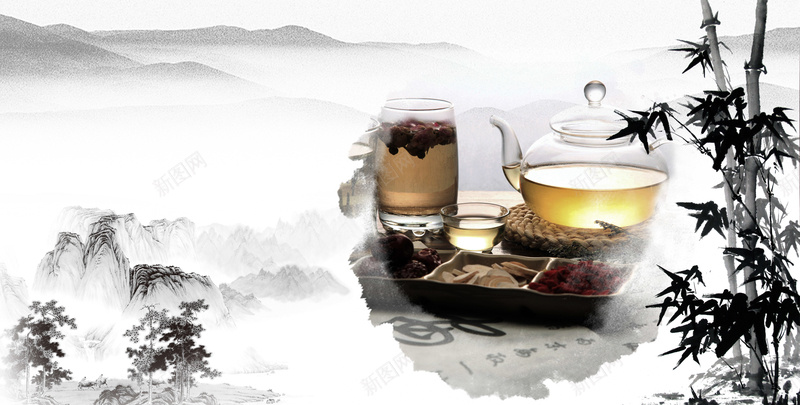 中国风山水茶壶竹子广告背景图psd设计背景_88icon https://88icon.com 中国风 开心 竹子 茶壶