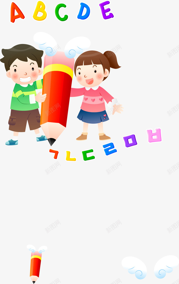 手绘儿童插画矢量图ai免抠素材_88icon https://88icon.com AI矢量 AI矢量素材 免费PNG 卡通 小女孩 小男孩 红色铅笔 矢量图