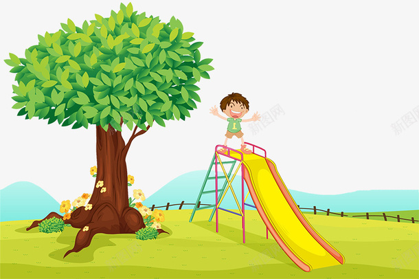 草地上玩滑梯的小男孩png免抠素材_88icon https://88icon.com 卡通插图 可爱 大树 小男孩 玩滑梯 草地上 草地上的人