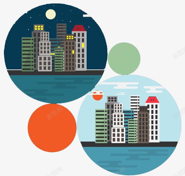 城市大厦的白天黑夜png免抠素材_88icon https://88icon.com 卡通 城市 大厦 扁平化