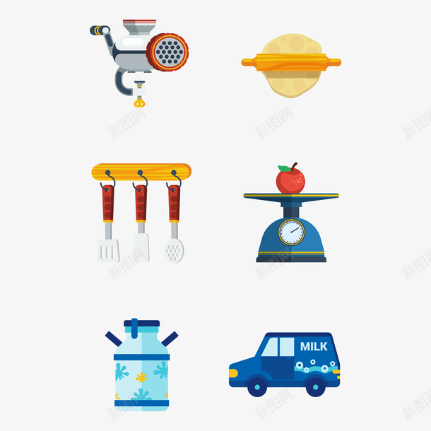 厨具擀面棍水壶送奶车称矢量图ai免抠素材_88icon https://88icon.com 免抠图PNG 厨具 擀面棍 水壶 称 送奶车 矢量图