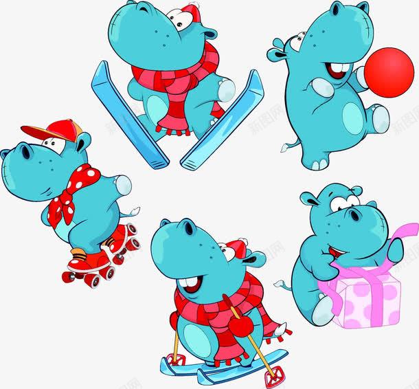 卡通蓝色玩耍的河马png免抠素材_88icon https://88icon.com 滑雪 皮球 礼物
