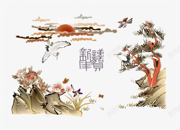 松鹤延年精品国画png免抠素材_88icon https://88icon.com 传统文化 国画 松鹤延年 精品
