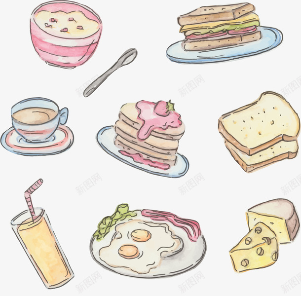 素色彩绘早餐食物矢量图ai免抠素材_88icon https://88icon.com 彩绘 早餐 面包 饮料 矢量图