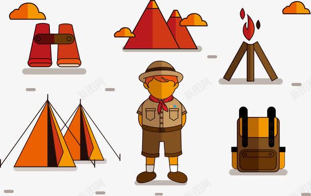 野外居住png免抠素材_88icon https://88icon.com 探险家 望远镜 火把 黄色帐篷 黄色背包