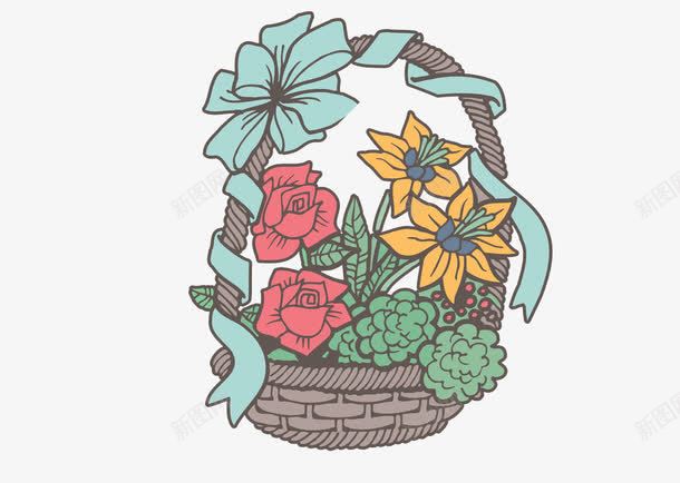 手绘竹编花篮png免抠素材_88icon https://88icon.com 卡通花篮 矢量花篮 竹框 竹框花篮 竹筐 紫色篮子 红色花朵 蓝色花朵