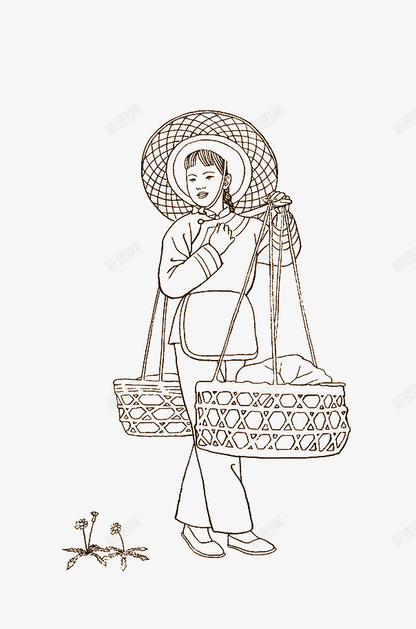 挑扁担的毛南族姑娘png免抠素材_88icon https://88icon.com 国画 姑娘 少数民族 扁担 挑扁担 毛南族 白描 草帽 青年