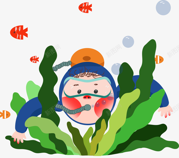 卡通手绘潜水的人png免抠素材_88icon https://88icon.com 创意 动漫动画 卡通手绘 潜水的人 绿色的海草 鱼儿