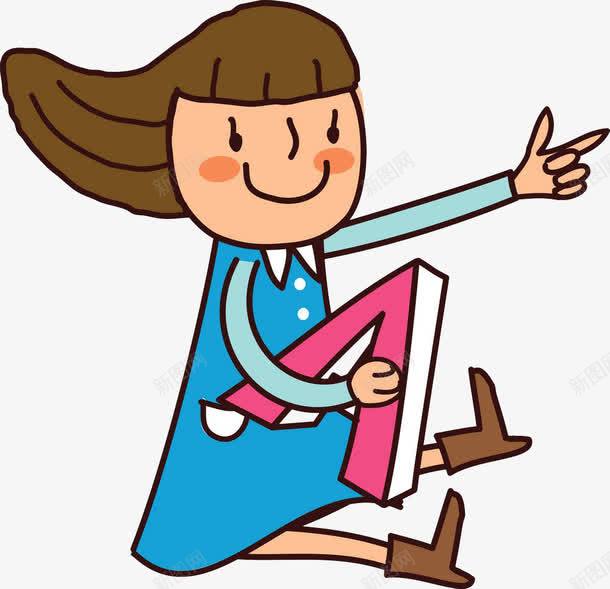 拿着A字母的女孩png免抠素材_88icon https://88icon.com 休息 侧坐 卡通手绘 坐 坐着 字母 微笑 拿着A字 指 调整