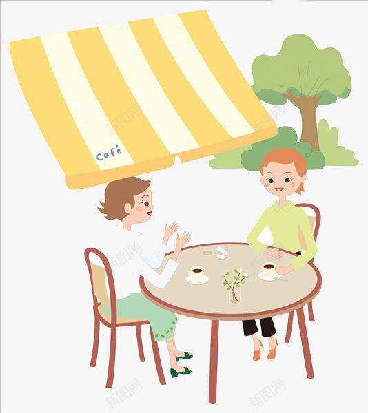 卡通人物喝茶png免抠素材_88icon https://88icon.com 人物 卡通 咖啡馆室外桌椅 喝茶 树 桌椅