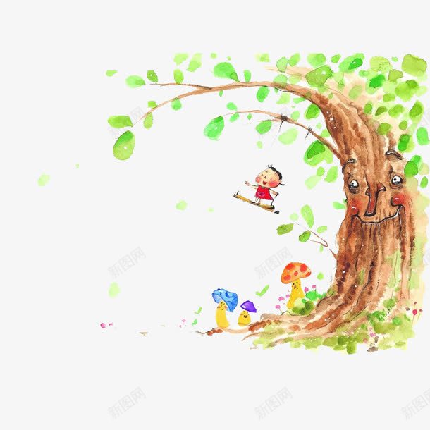 卡通插画png免抠素材_88icon https://88icon.com 卡通插画素材 手绘 树 水彩 秋千 蘑菇