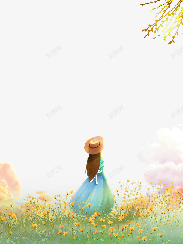 春季春游赏花元素psd免抠素材_88icon https://88icon.com 云 手绘人物 手绘元素 春天 春季 柳条 植物 花