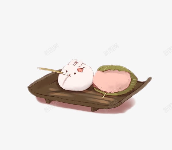 木盘子上的小兔包子和粉色饭团psd免抠素材_88icon https://88icon.com 包子 木盘子 美味 食物 饭团