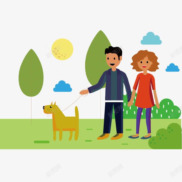 遛狗的男女png免抠素材_88icon https://88icon.com 人物 公园遛狗 动物 植物 男女 绿色 遛狗