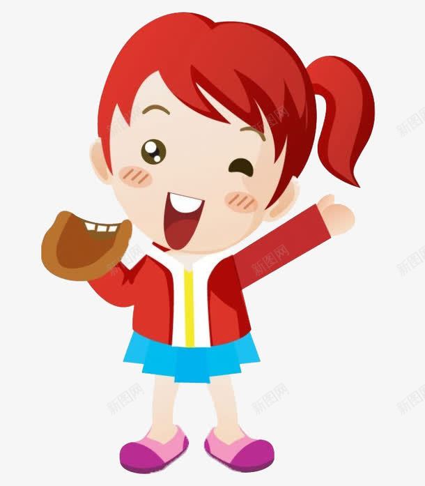 俏皮女孩png免抠素材_88icon https://88icon.com 卡通 大笑女孩 手绘 眨眼睛 红发 蓝裙子