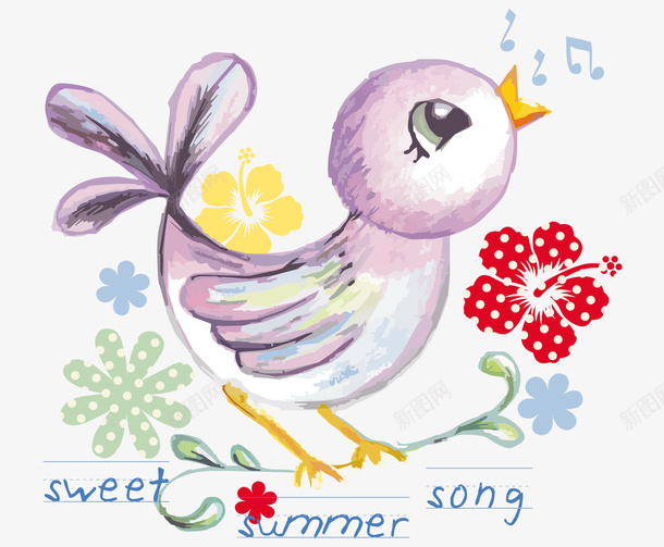 卡通手绘水彩哼歌小鸟花朵矢量图ai免抠素材_88icon https://88icon.com 卡通的小鸟 哼歌的小鸟 手绘的花朵 矢量的动物 矢量图