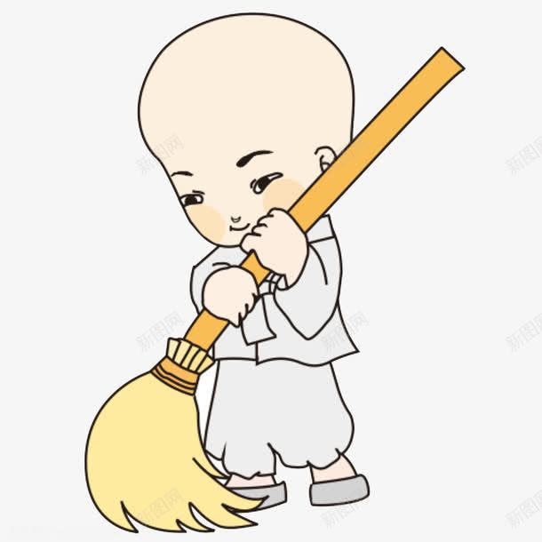 可爱小和尚扫地png免抠素材_88icon https://88icon.com 小和尚 打扫 扫地 树叶