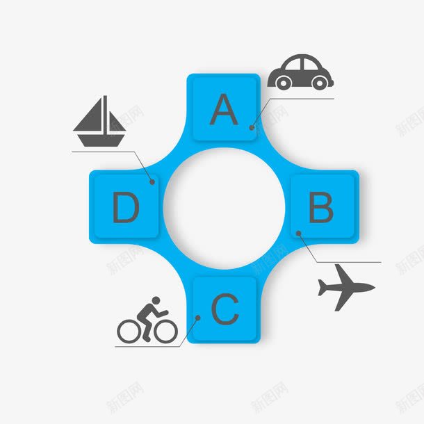 PPT蓝色四角对应出行工具png免抠素材_88icon https://88icon.com 出行工具 汽车 自行车 蓝色矢量 轮船 飞机