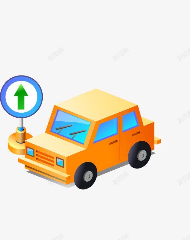 橙色小汽车png免抠素材_88icon https://88icon.com 交通工具 卡通 汽车 矢量汽车 路标