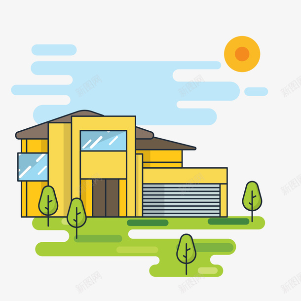 手绘车库别墅矢量图eps免抠素材_88icon https://88icon.com png免抠图 别墅 卡通 太阳 手绘 树木 简约 豪华 车库 黄色 矢量图