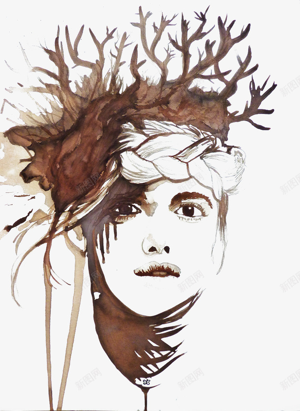 手绘美女头上长树枝的人png免抠素材_88icon https://88icon.com 人物插画 头上长树枝的 手绘美女