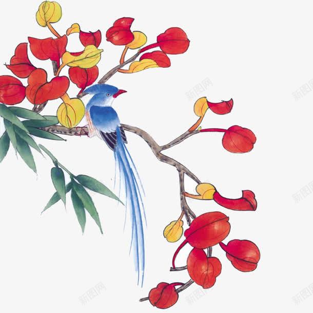 鸟在枝头png免抠素材_88icon https://88icon.com 中国风 树枝 红叶 蓝色 锦鸡 长尾巴鸟 鸟在枝头 黄叶
