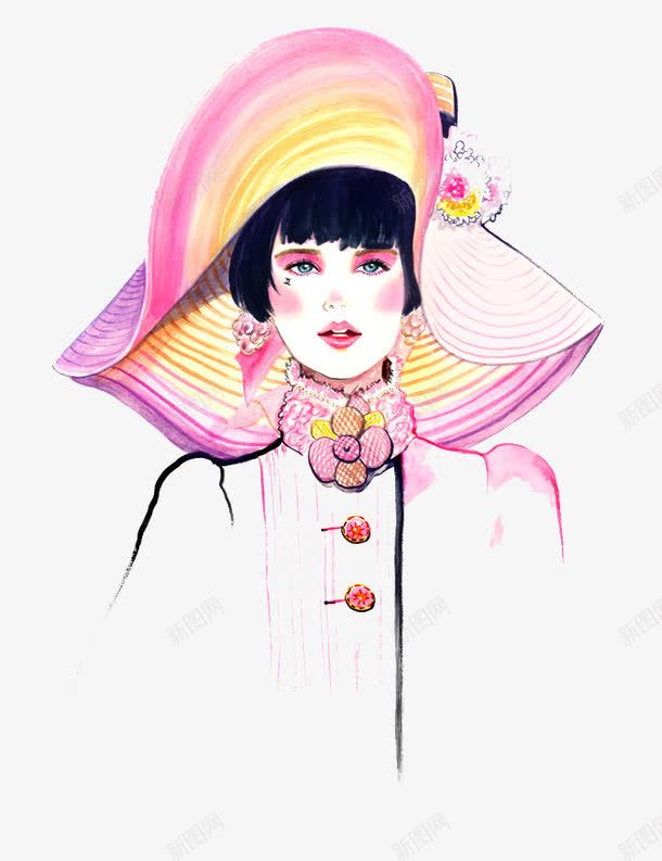 手绘大帽子女png免抠素材_88icon https://88icon.com 人物 模特 美女 黑发
