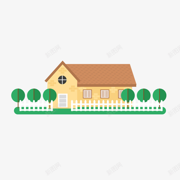 咖啡色卡通房屋和白色护栏矢量图ai免抠素材_88icon https://88icon.com 卡通房屋 咖啡色 房屋 护栏 白色 白色护栏 绿色 矢量图