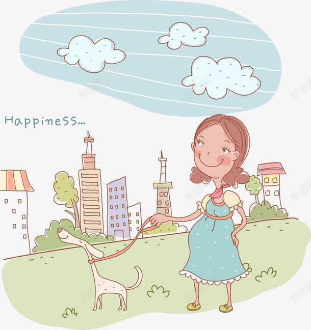 手绘插画遛狗孕妇png免抠素材_88icon https://88icon.com 孕妇 插画
