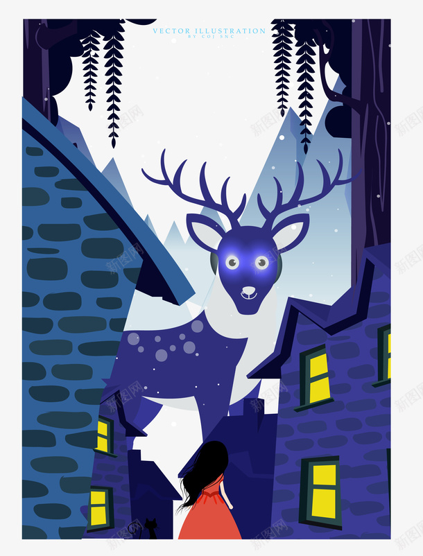 女孩紫色插画矢量图ai免抠素材_88icon https://88icon.com 大驯鹿 女孩 幻想 插画 梦幻背景 矢量图