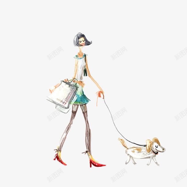 女孩遛狗png免抠素材_88icon https://88icon.com 女孩 水彩画 遛狗