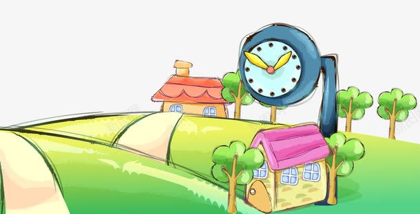 卡通草地房屋png免抠素材_88icon https://88icon.com 卡通 卡通房屋 卡通时钟 卡通树木 卡通草地 草地
