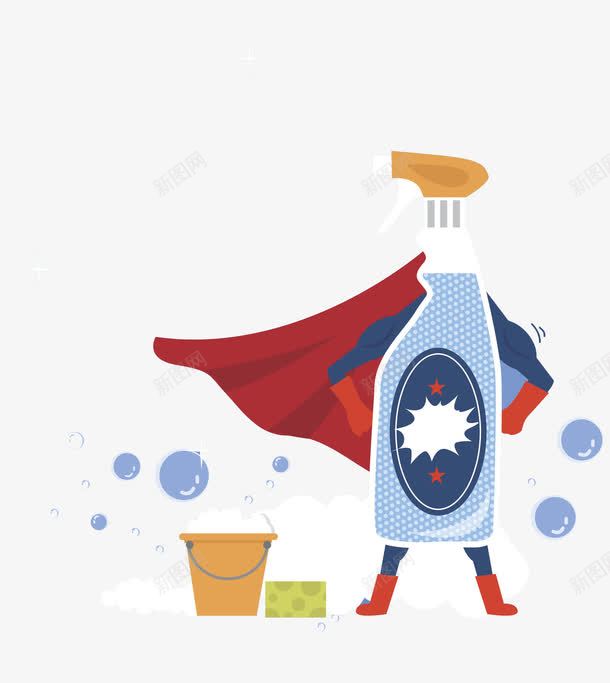 卡通超人去污液图png免抠素材_88icon https://88icon.com 创意的 卡通 去污液 插图 水桶 红色斗篷 超人
