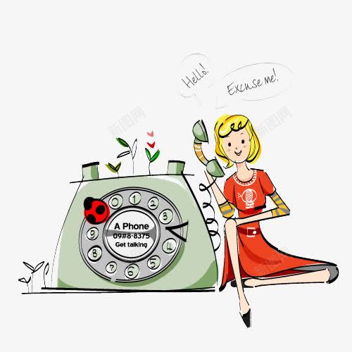 手绘美女接电话png免抠素材_88icon https://88icon.com 卡通 手绘 手绘电话机 插画 电话机 美女