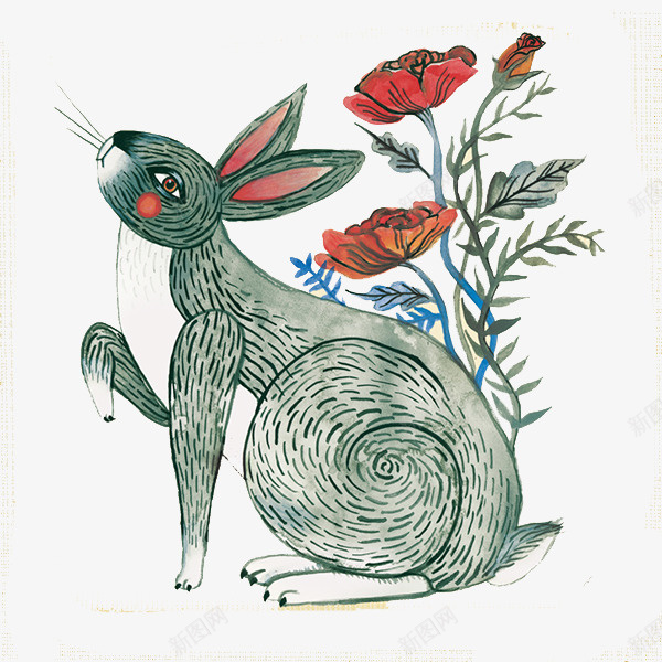 手绘水彩兔子花朵psd免抠素材_88icon https://88icon.com 创意设计 可爱卡片 手绘插画
