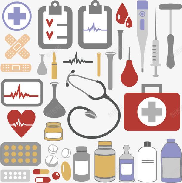 医疗用品矢量图ai免抠素材_88icon https://88icon.com 医药箱 听诊器 心电图 手绘 注射器 试管 矢量图