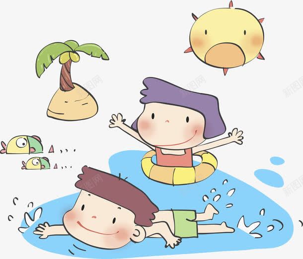 游泳中的男女png免抠素材_88icon https://88icon.com 卡通 太阳 手绘 椰子 椰子树 泳衣 泳裤 游泳圈