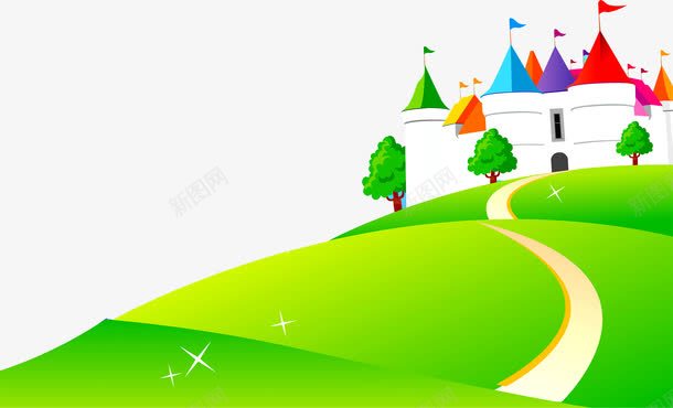 绿地城堡png免抠素材_88icon https://88icon.com 彩色旗子 树木 白色城堡 绿草地