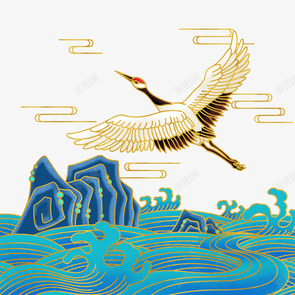 国潮元素祥云仙鹤浪花psd免抠素材_88icon https://88icon.com 仙鹤 国潮元素 浪花 祥云