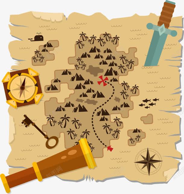 探寻深山老林的秘密png免抠素材_88icon https://88icon.com 复古地图 寻宝图 寻宝路线 望远镜 矢量素材 破旧的地图