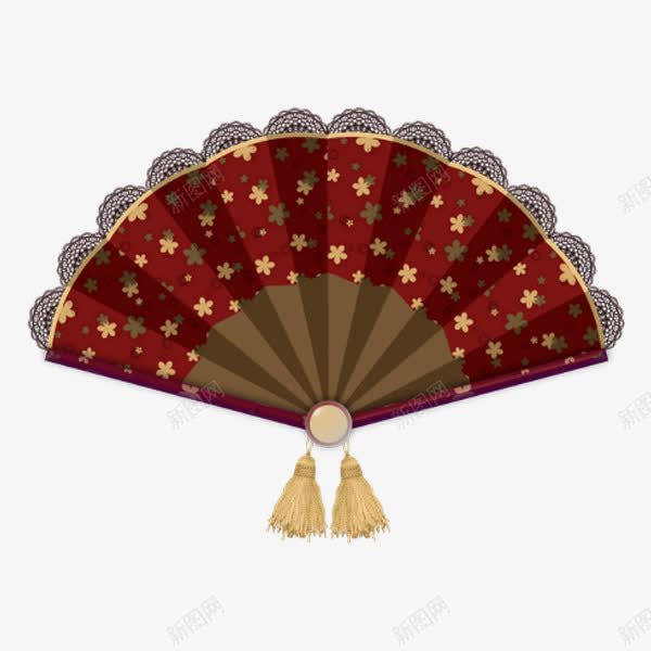 复古折扇png免抠素材_88icon https://88icon.com 手绘 朱红色 流苏 花朵 金色