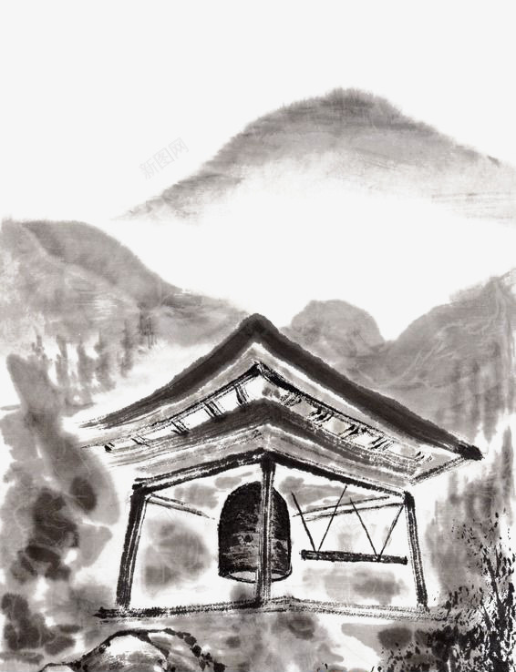 亭子和钟png免抠素材_88icon https://88icon.com 一座 亭子 卡通 大钟 手绘 水墨 简图 黑色