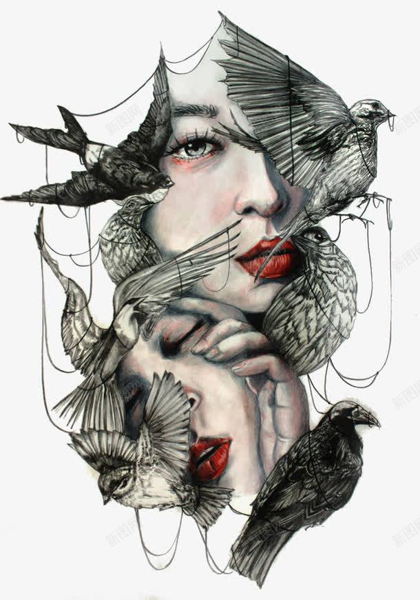 女人png免抠素材_88icon https://88icon.com 手绘 红唇 脸 链子 鸟