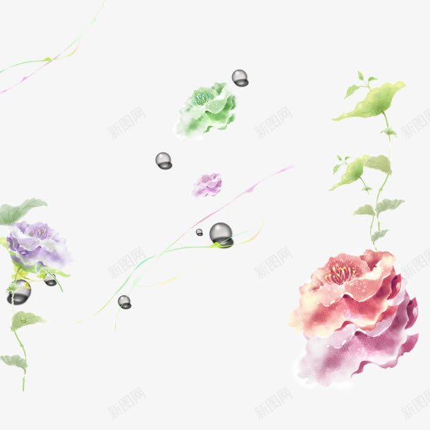 唯美鲜花png免抠素材_88icon https://88icon.com 手绘 散落 水彩 粉色 绿叶 花朵 花瓣 花蕊