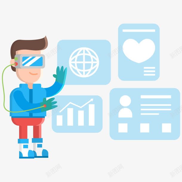 男孩使用虚拟眼镜png免抠素材_88icon https://88icon.com 信息图 卡通 心 男孩 虚拟眼镜