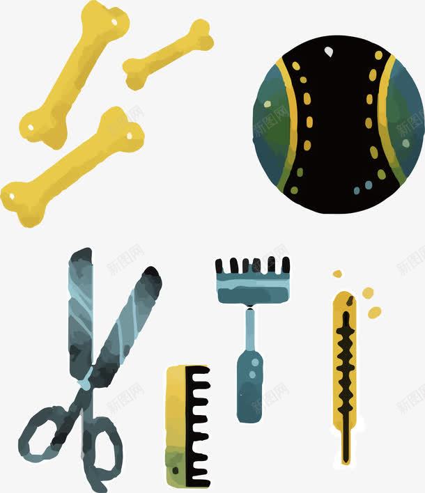 宠物用具png免抠素材_88icon https://88icon.com 刮毛器 剪刀 卡通 宠物用具 水彩 皮球设计 骨头