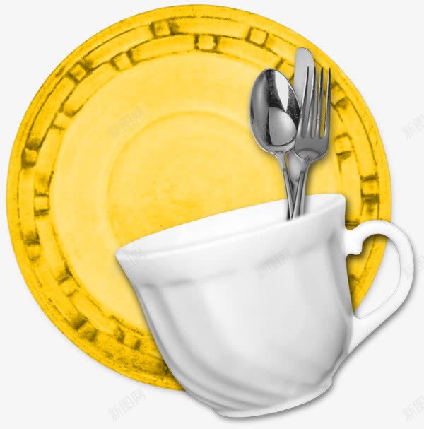 卡通黄色杯垫背景白瓷茶杯刀叉png免抠素材_88icon https://88icon.com 刀叉 卡通手绘 白瓷茶杯 黄色杯垫背景