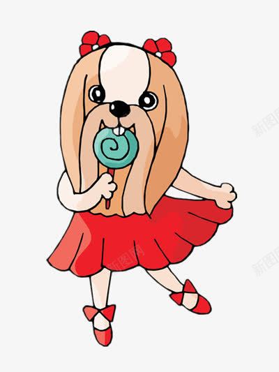 狗狗吃糖png免抠素材_88icon https://88icon.com 卡通 可爱 手绘 红色 裙子