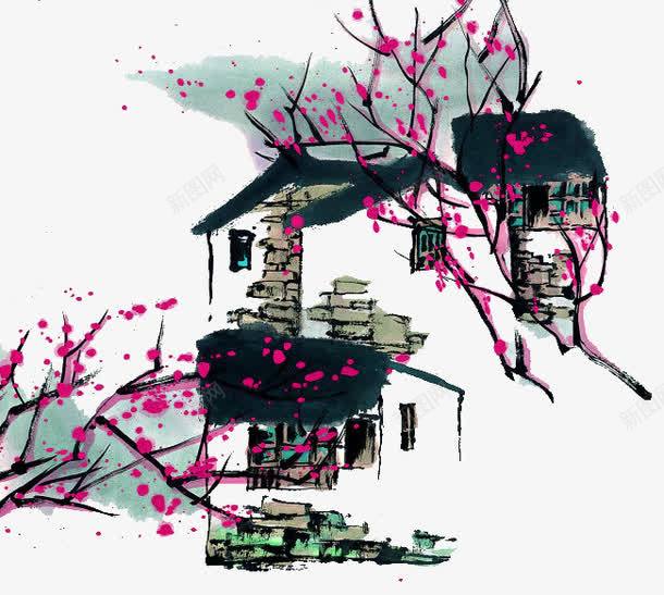 人家png免抠素材_88icon https://88icon.com 中国风 人家 桃花 瓦房
