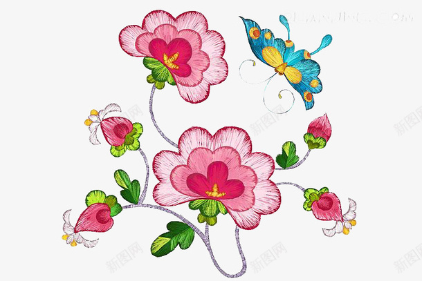 粉红色花朵上的蝴蝶png免抠素材_88icon https://88icon.com 手绘 绿叶 花朵 蝴蝶
